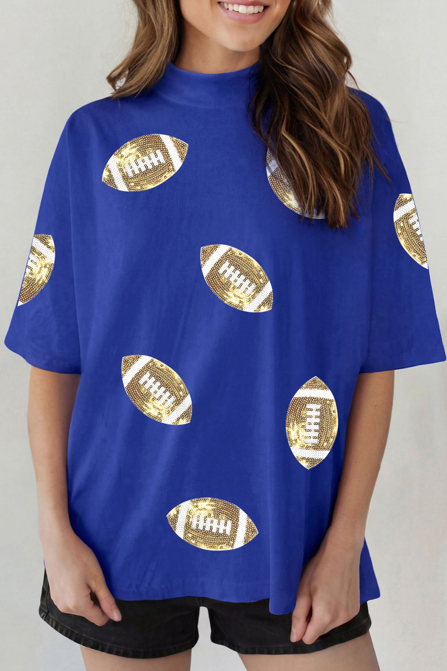 Dark Blue Sequin Rugby Pattern High Neck Game Day Shift T-Shirt