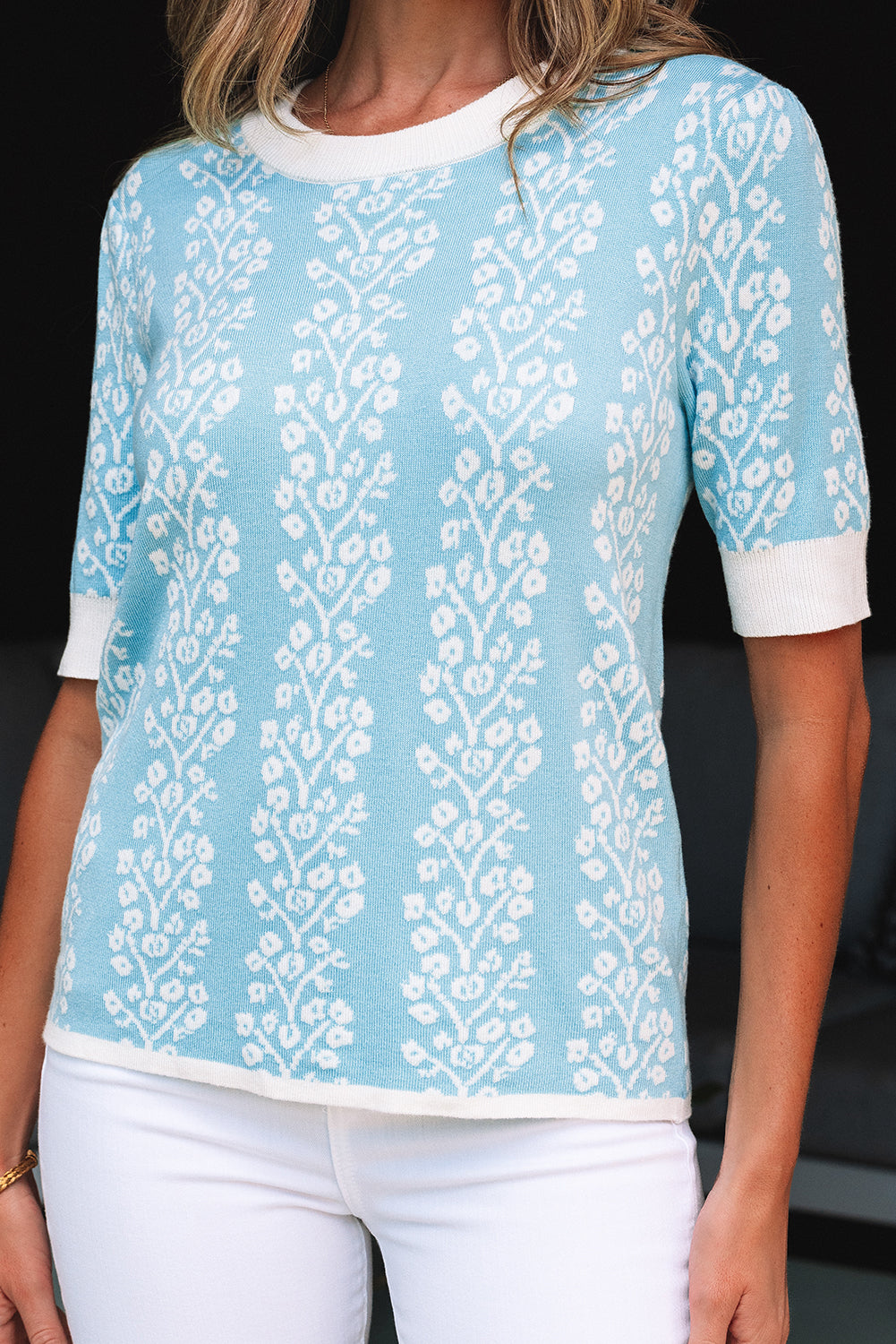 Sky Blue Contrast Floral Crewneck Short Sleeve Sweater