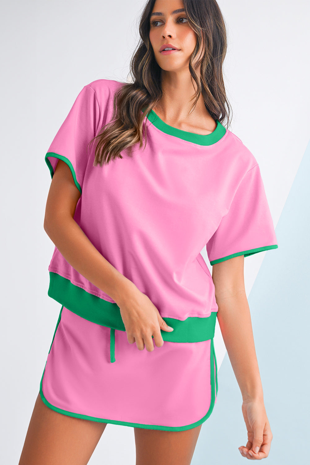 Moonlight Jade Colorblock Edge Drop Shoulder T Shirt and Skort 2Pcs Set