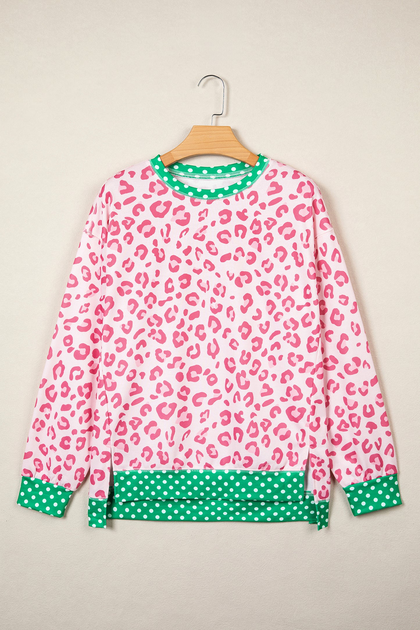 Khaki Leopard Polka Dot Colorblock Trim Long Sleeve Top