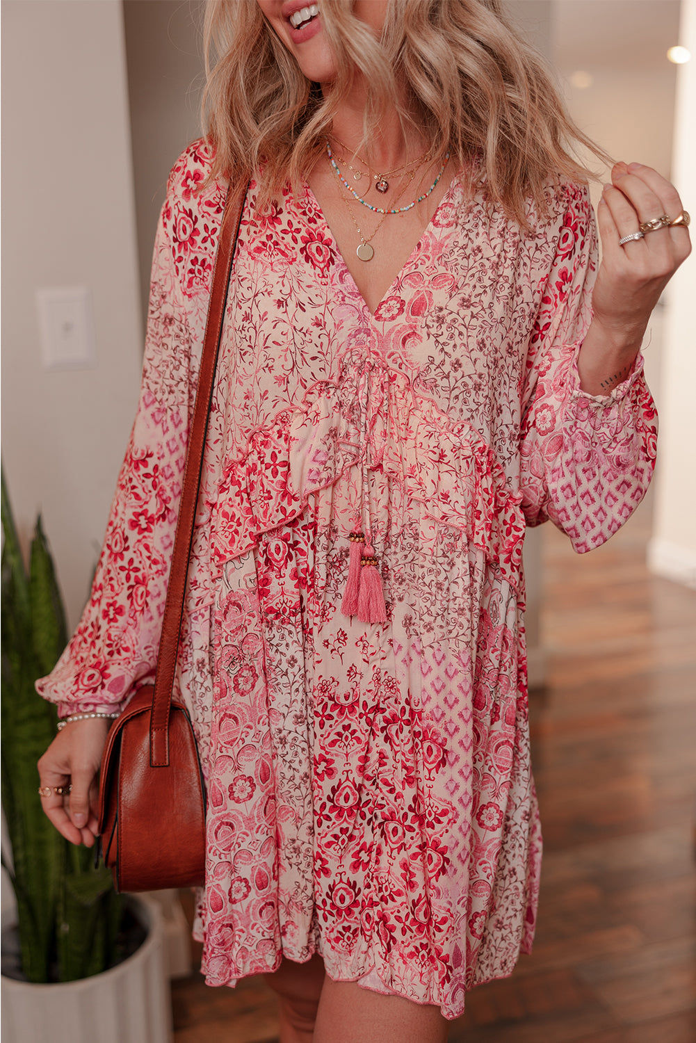 Pink Bohemian Floral Print Tassel Tie Long Sleeve Flowy Mini Dress
