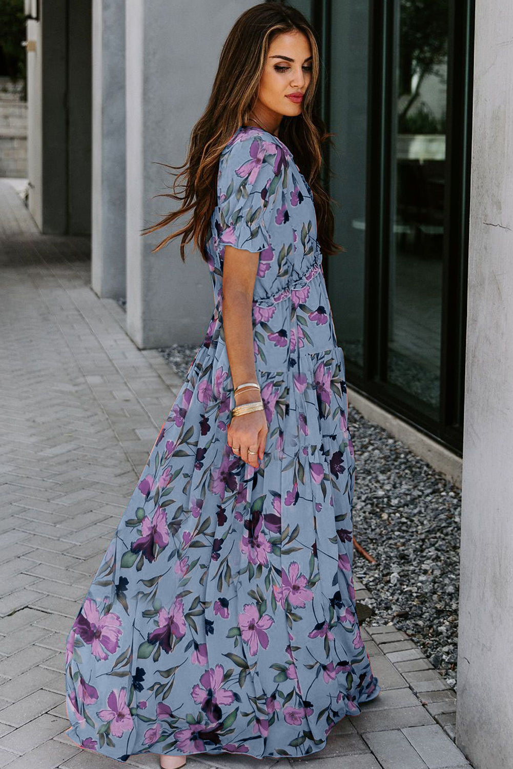 Multicolor Fiery Floral Print Frilled V Neck Short Sleeve Maxi Dress