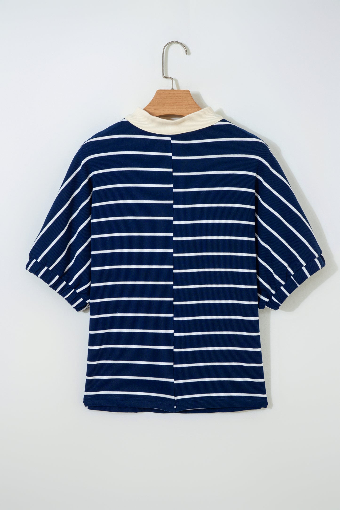 Blue Stripe Stand Collar V Neck Elastic Cuffs Half Sleeve Dolman Top