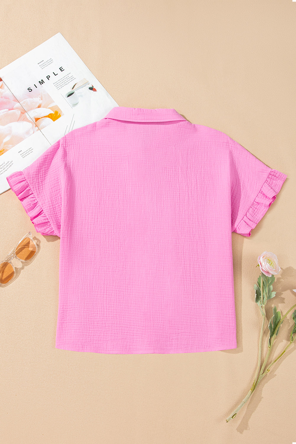 Bonbon Textured Ruffle Trim Short Sleeve Shirt