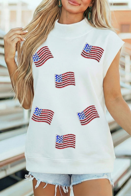 White Sequin American Flag Mock Neck Short Sleeve Top
