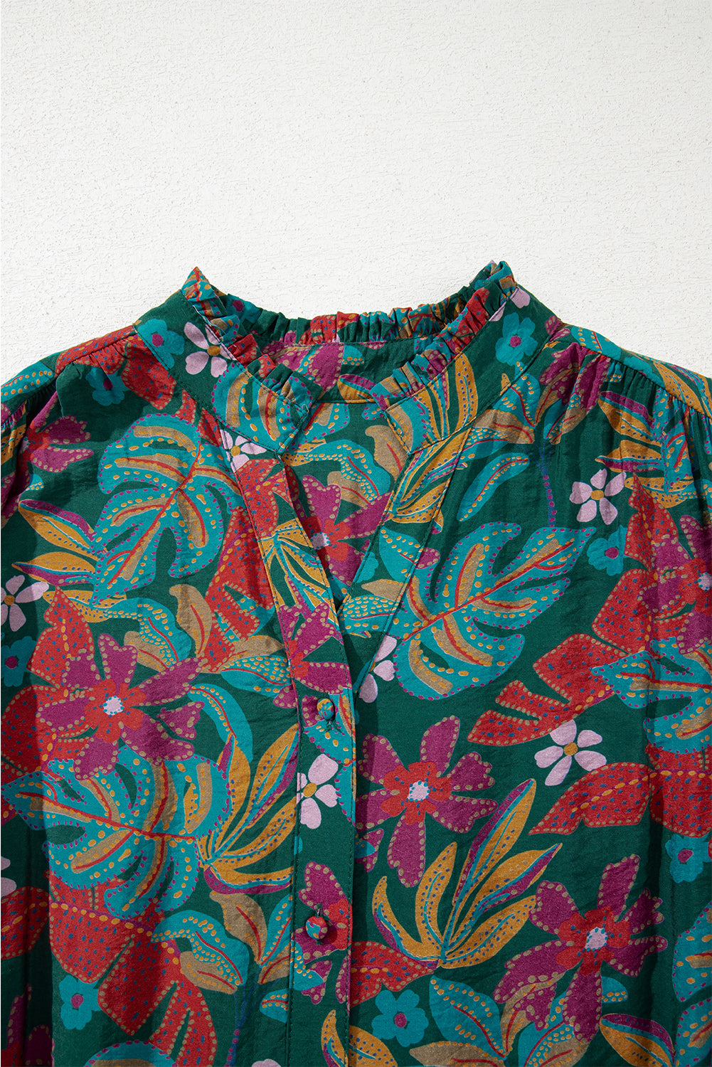 Green Floral Frill V Neck Puff Sleeve Ruffle Mini Dress