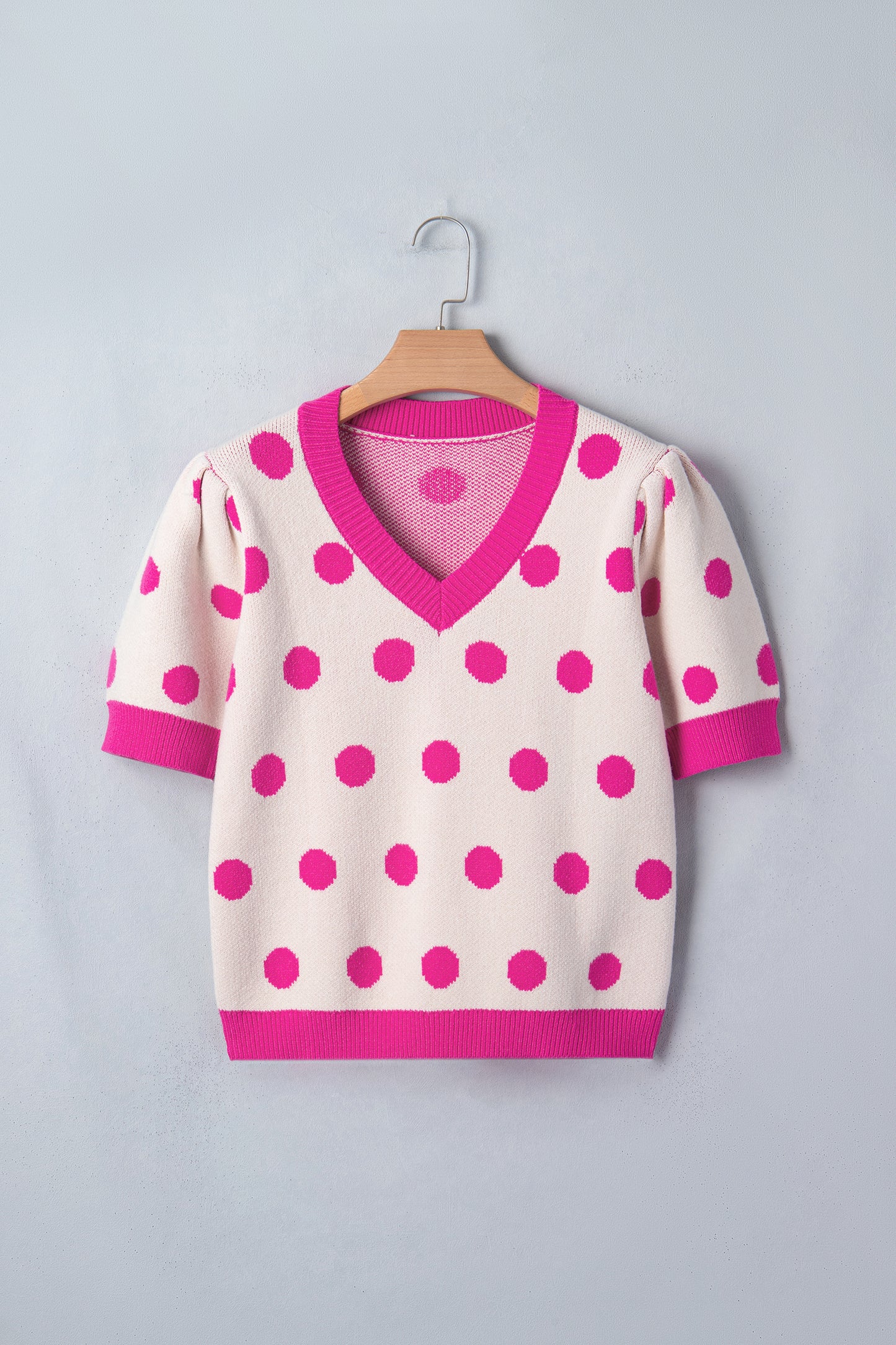 Pink Polka Dot Puff Short Sleeve Sweater Top