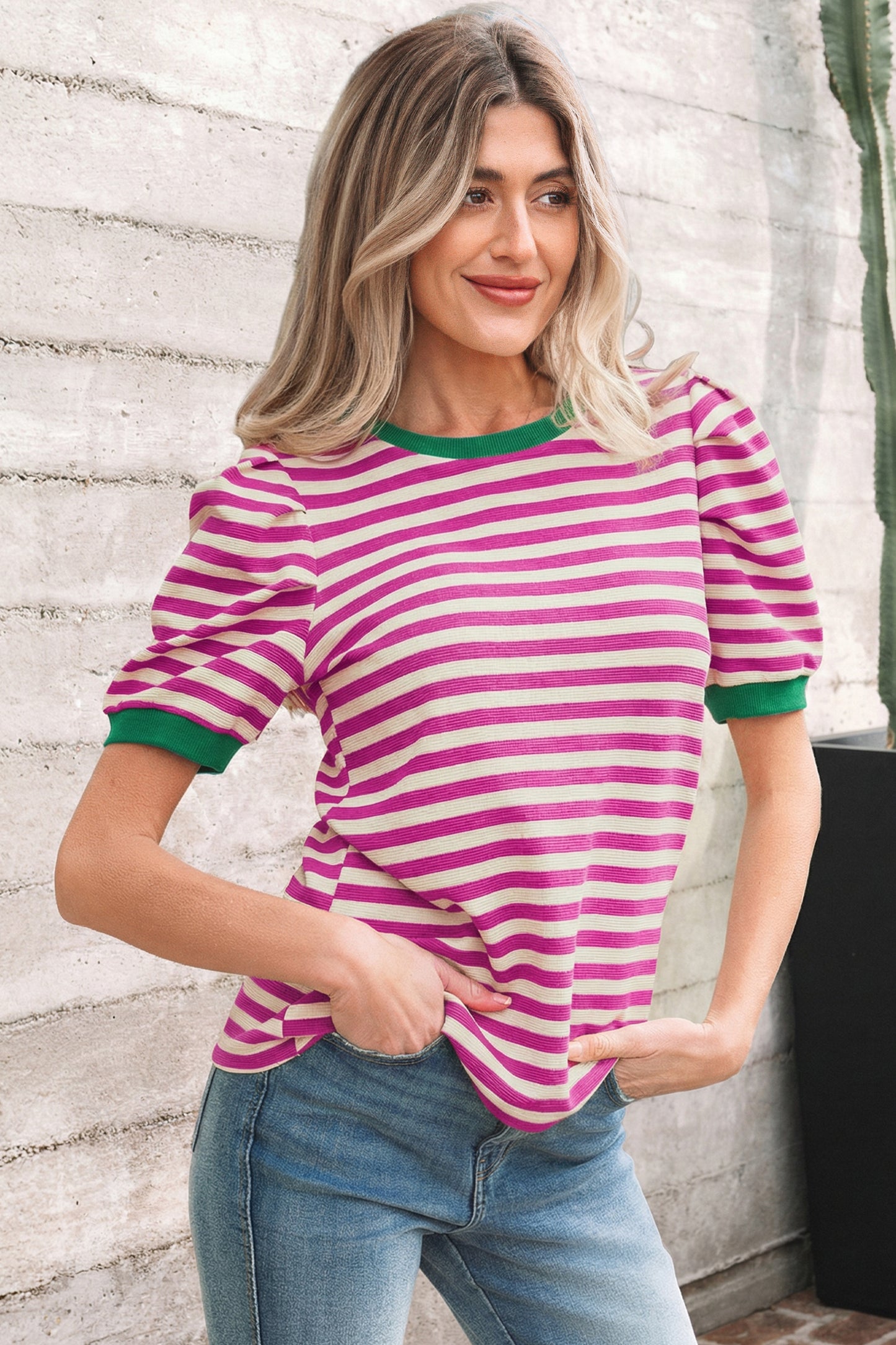 Rose Stripe Short Puff Sleeve Contrast Trim Round Neck Tee
