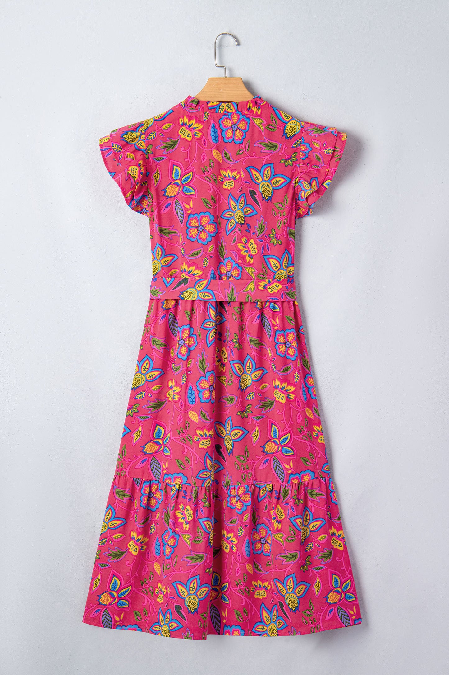 Rose Flutter Sleeve Belted Floral Long Dress