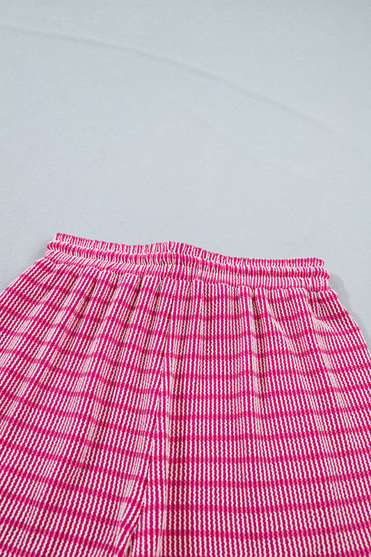 Rose Stripe Raised Rib Loose Tee Drawstring Elastic Waist 2pcs Short Set