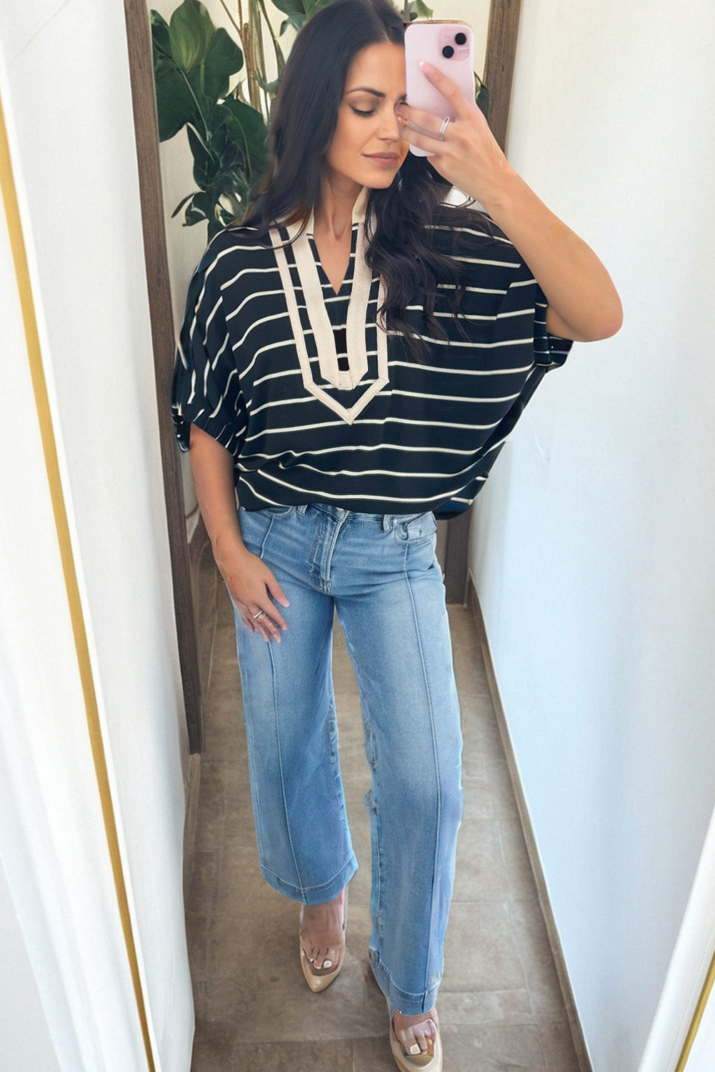 White Stripe Stand Collar V Neck Elastic Cuffs Half Sleeve Dolman Top