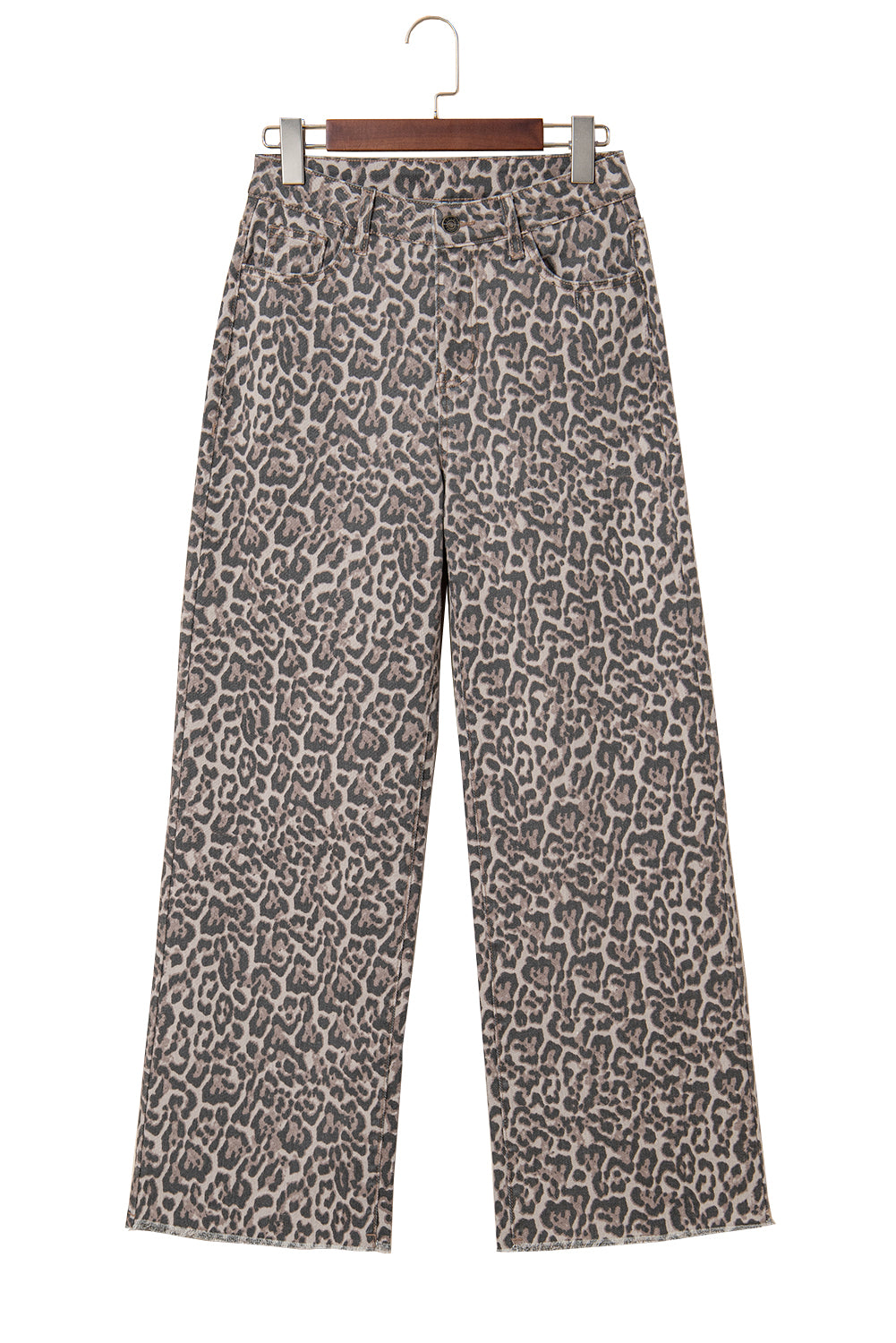 Gray Leopard Frayed Edge Wide Leg High Waist Jeans