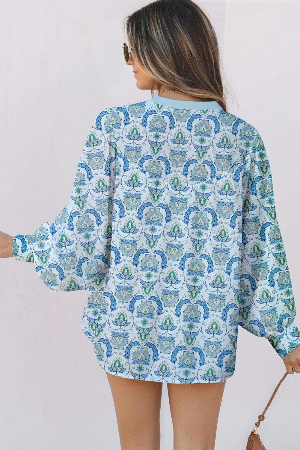 Sky Blue Paisley Button V Neck Long Sleeve Shirt