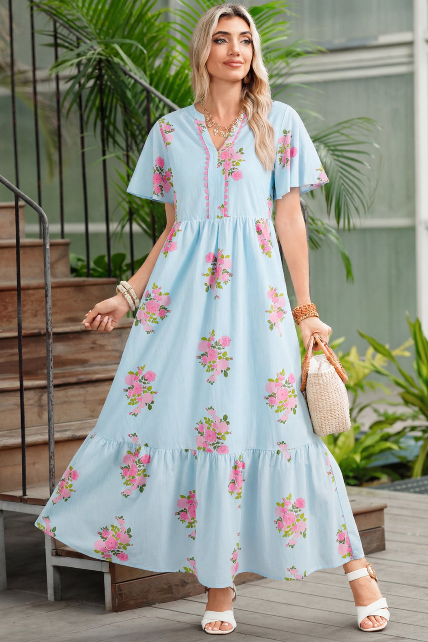 Pink Notched Neck Flutter Short Sleeve Floral Print Maxi Dress