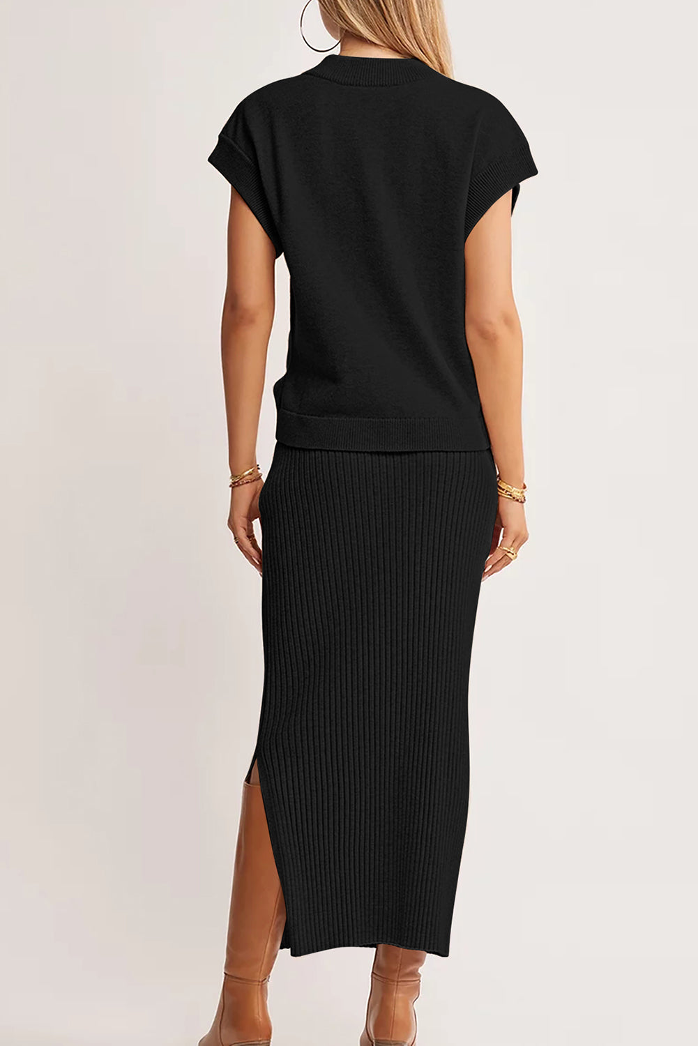 Black Solid Color Knit Dolman Tee Ribbed Split Skirt 2pcs Sweater Set