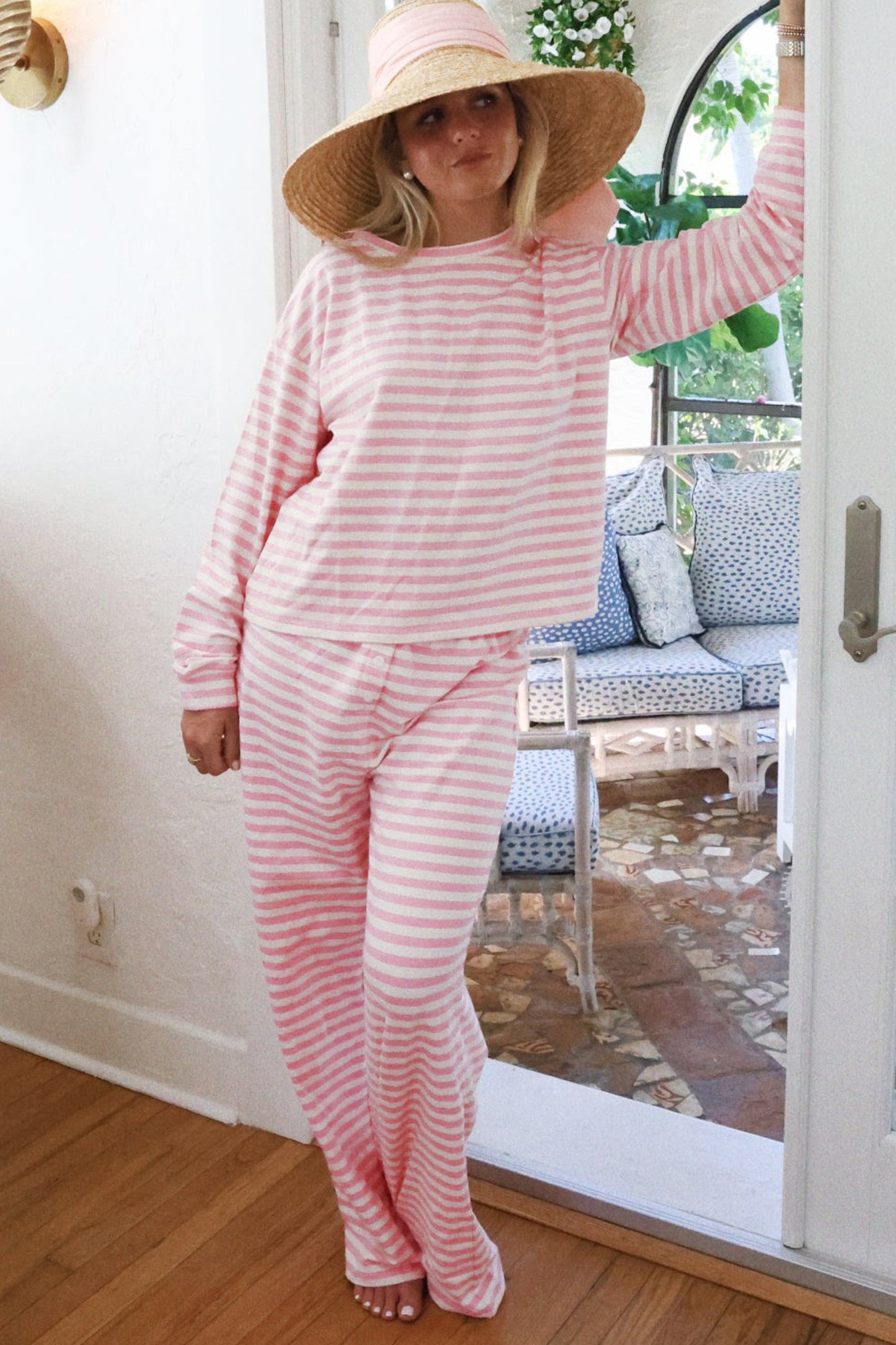 Pink Stripe Drop Shoulder Round Neck Top and Buttoned Straight Pants Two Piece Set