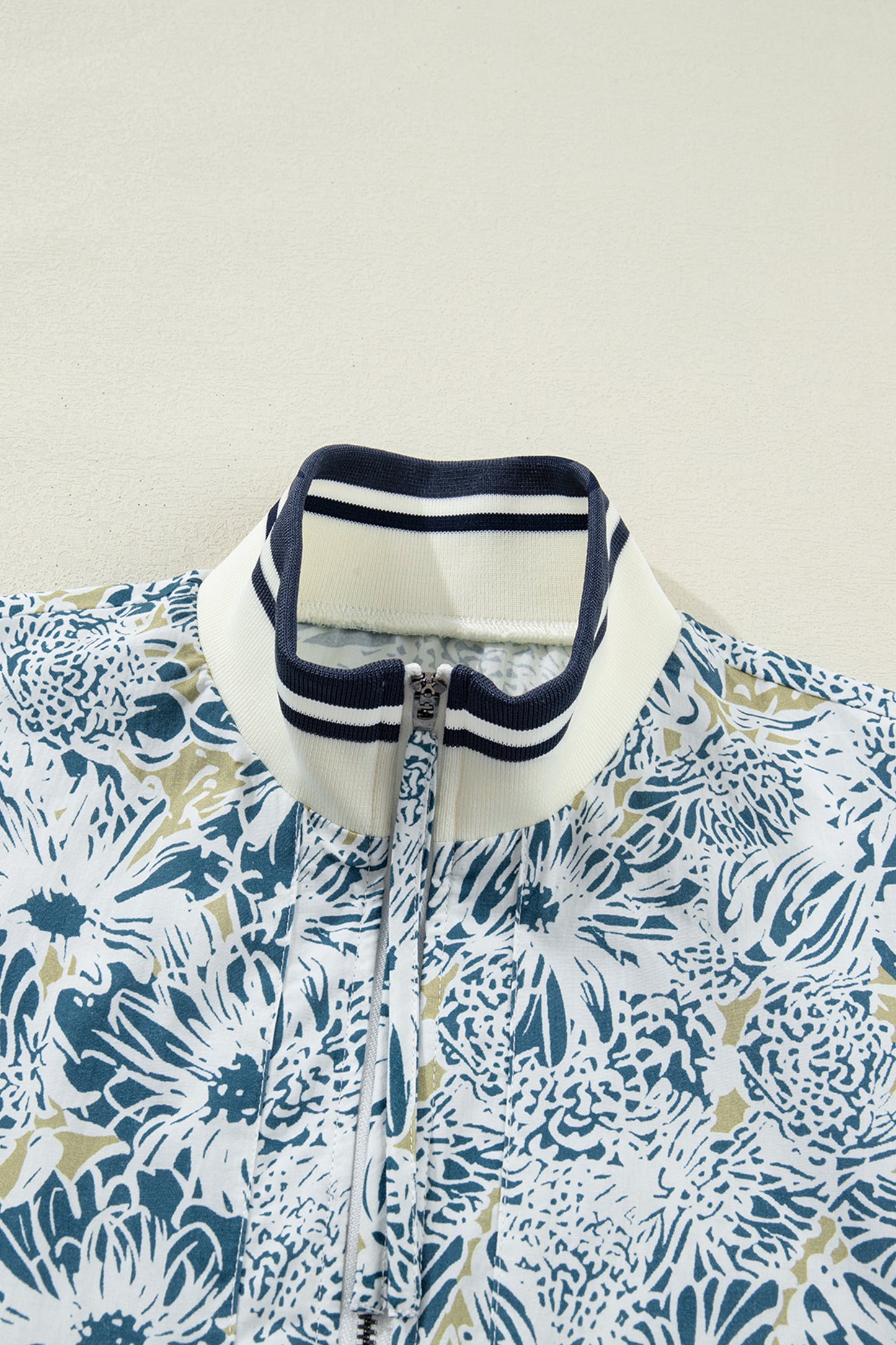Blue Floral Print Striped Webbing Patchwork Collar Short Sleeve Mini Dress