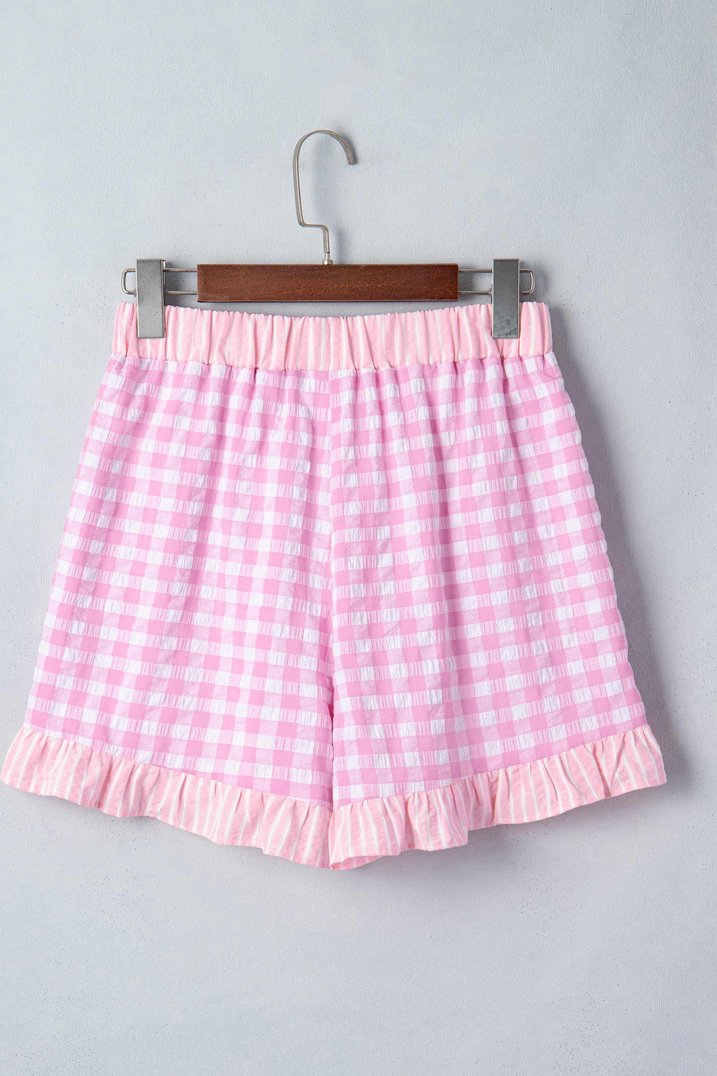 Red Gingham Print Ruffle Striped Detail Lace Tie Shorts