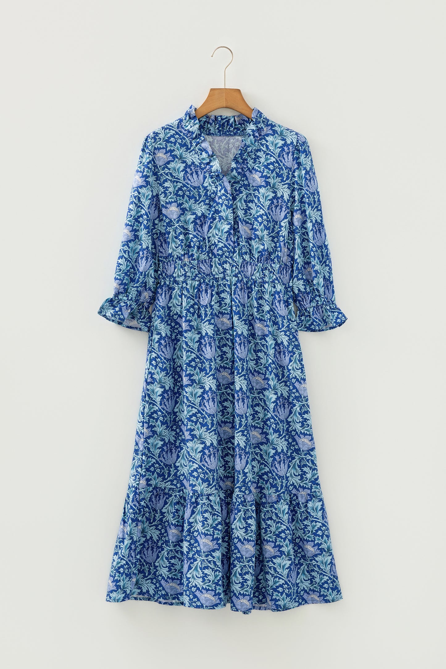 Sky Blue Floral Printed Frilled V Neck Bracelet Sleeve Long Dress