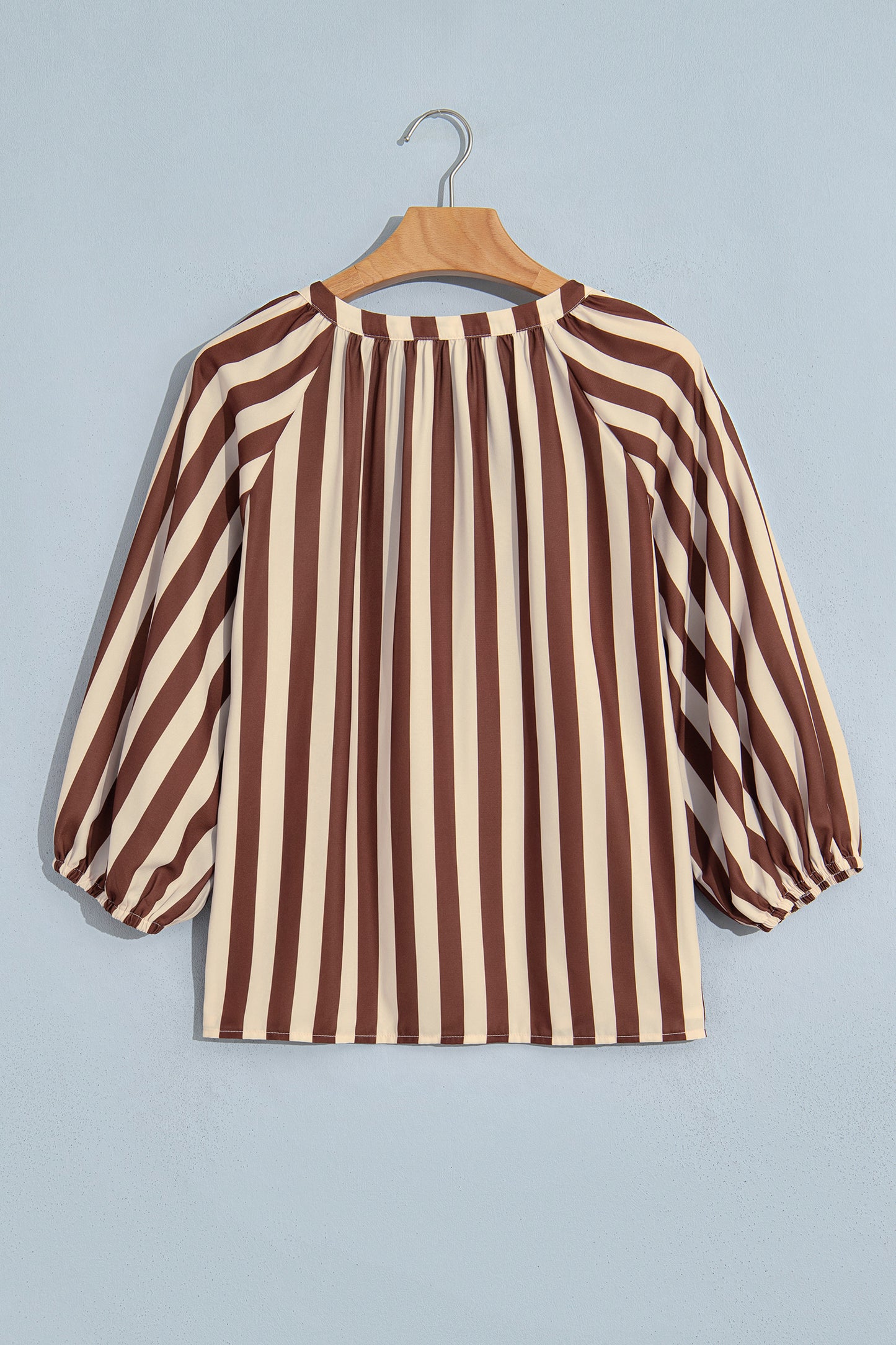 Brown Stripe V Neck Half Sleeve Casual Blouse