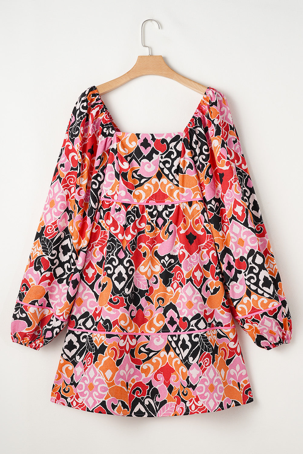 Pink Geometric Print Square Neck Puff Sleeve Mini Dress