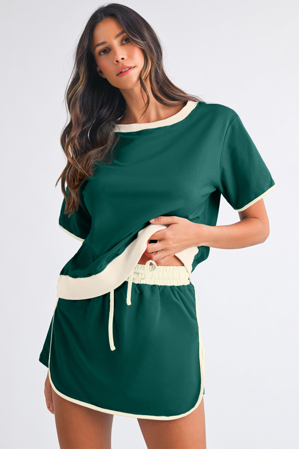 Moonlight Jade Colorblock Edge Drop Shoulder T Shirt and Skort 2Pcs Set