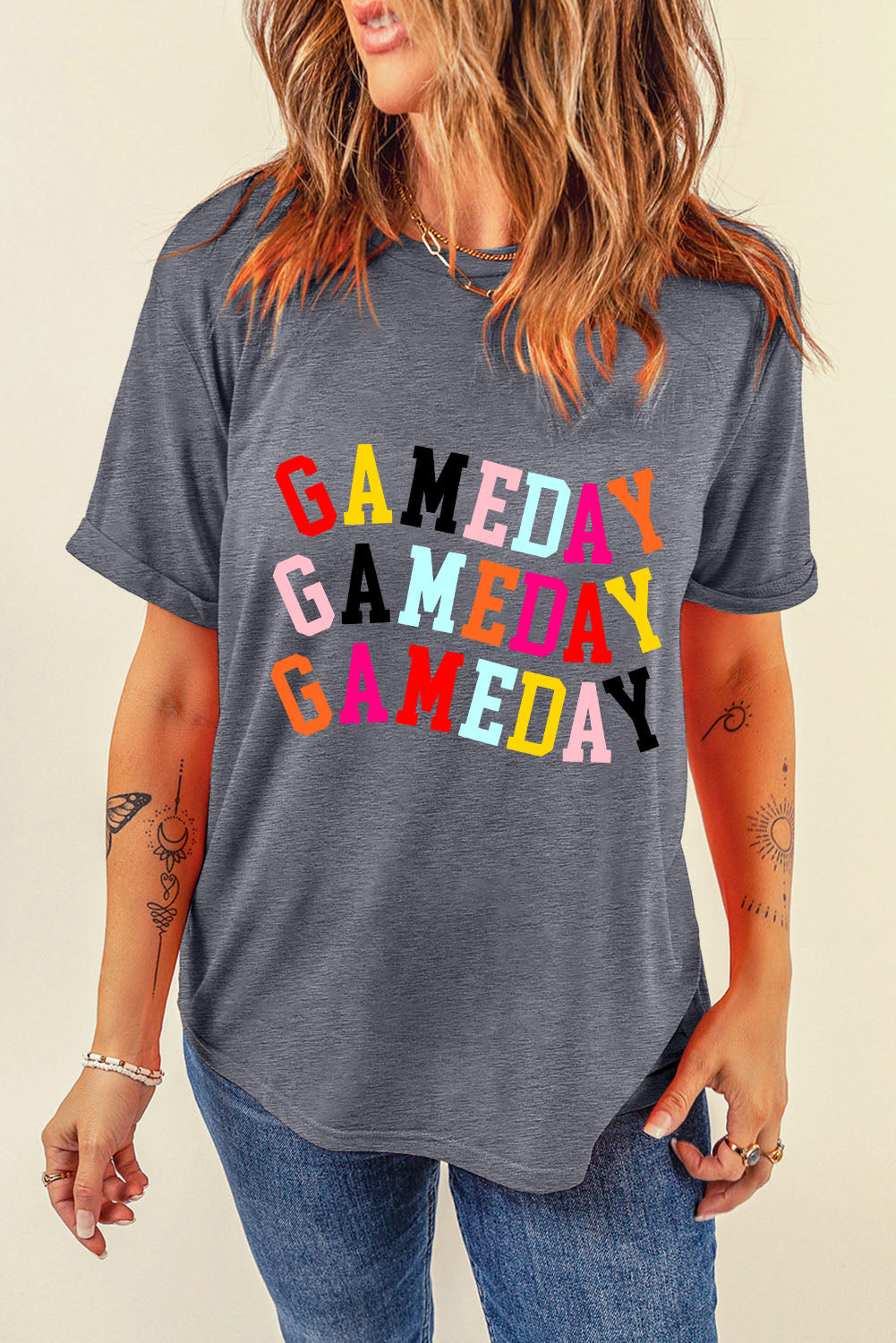 Gray GAMEDAY Letter Heat Transfer Printing Crewneck T Shirt