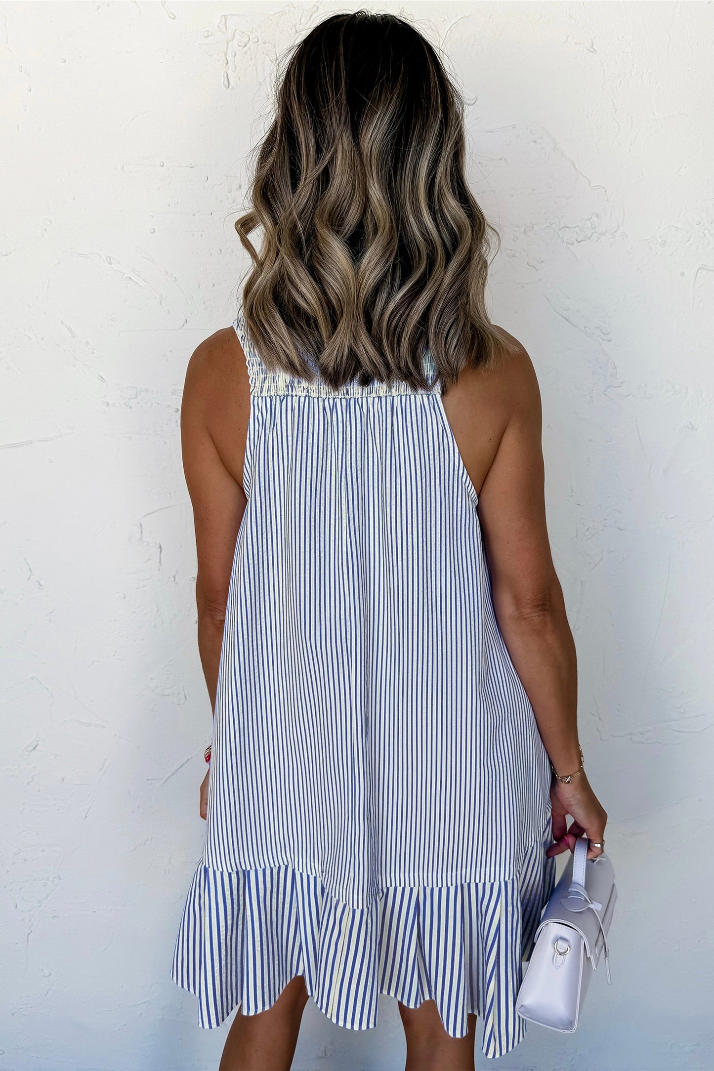 Sky Blue Stripe Shirt Collar Shirred Detail Ruffle Hem Sleeveless Dress