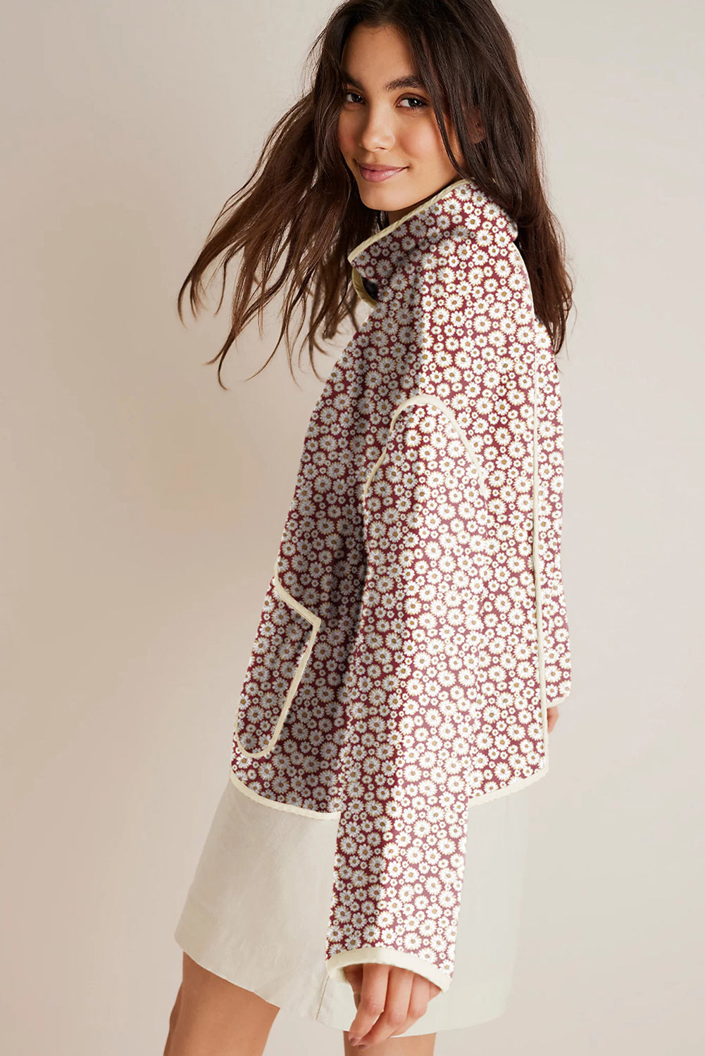 Pink Paisley Print Contrast Edge Pocketed Stand Neck Coat