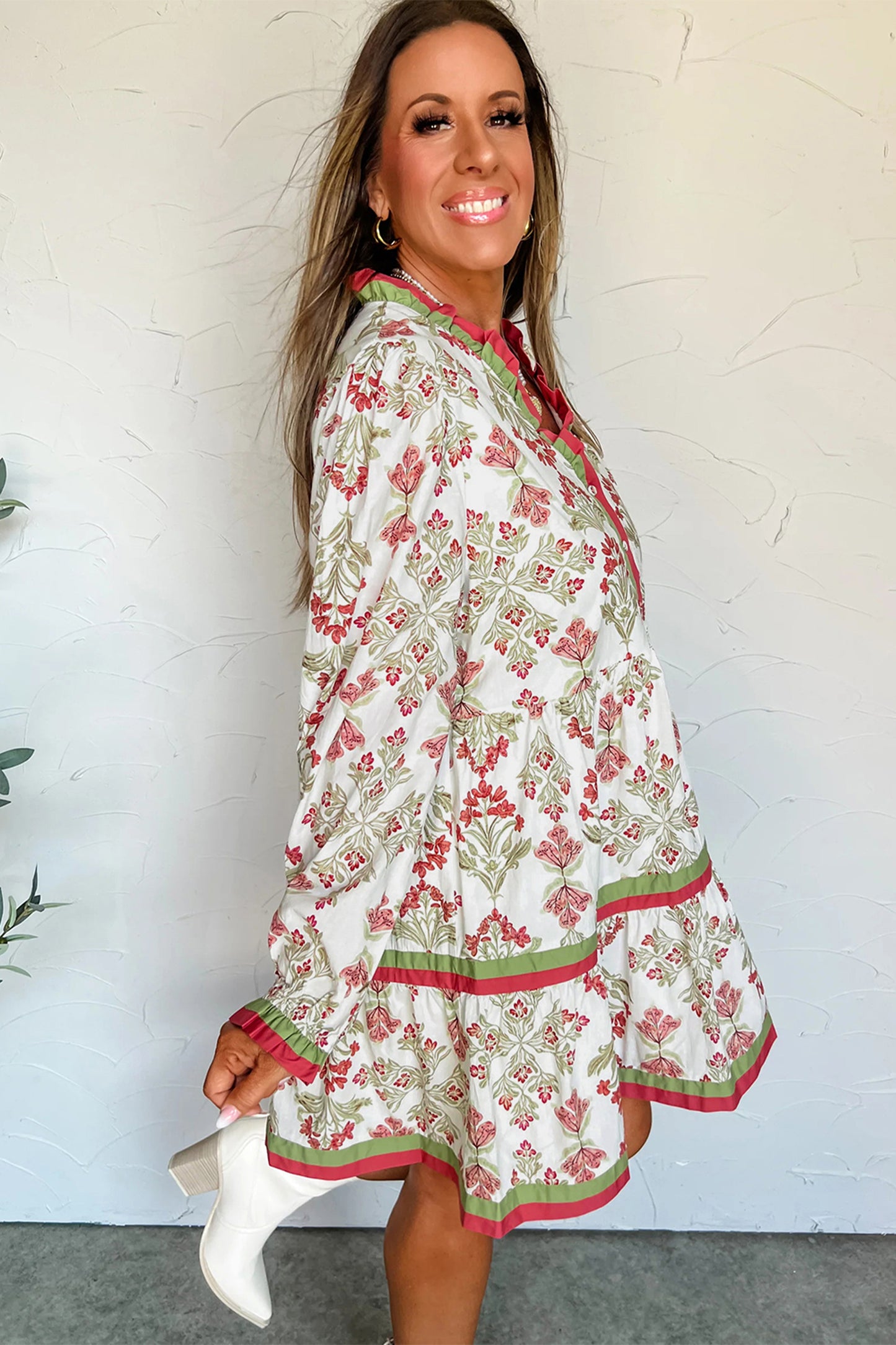 Pink Floral Print Contrast Trim Frilled Neck Long Sleeve Flared Dress