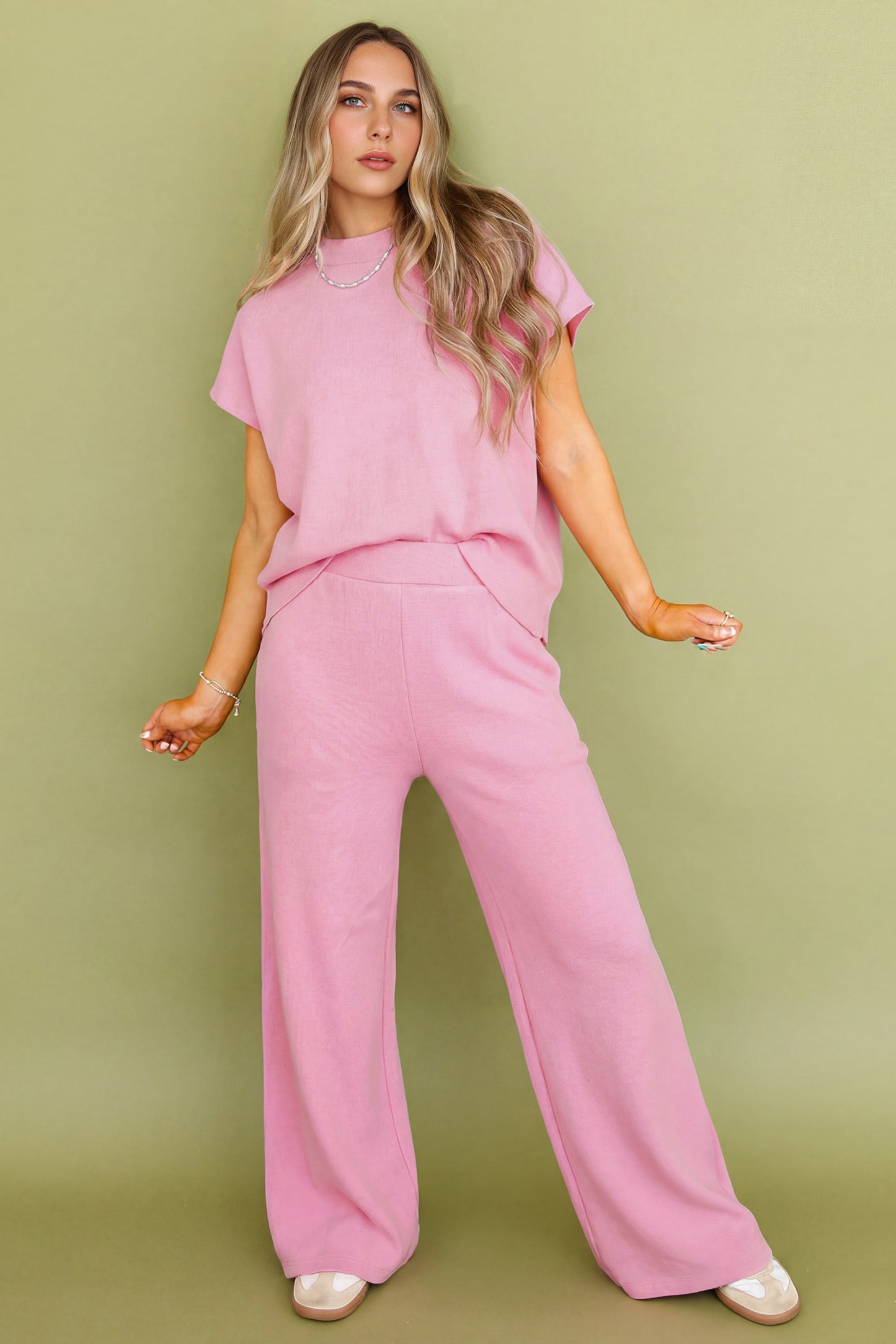 Pink Textured Knit High Neck Loose Tee Elastic Waist Loose Pant Set
