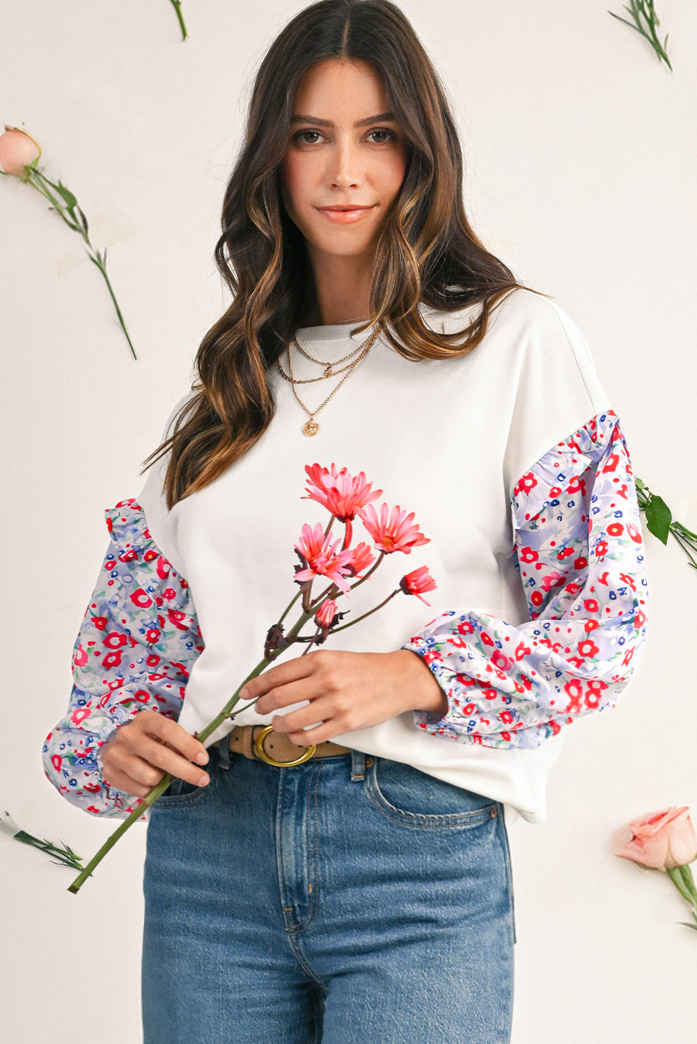White Floral Ruffle Balloon Sleeve Patchwork Loose Blouse