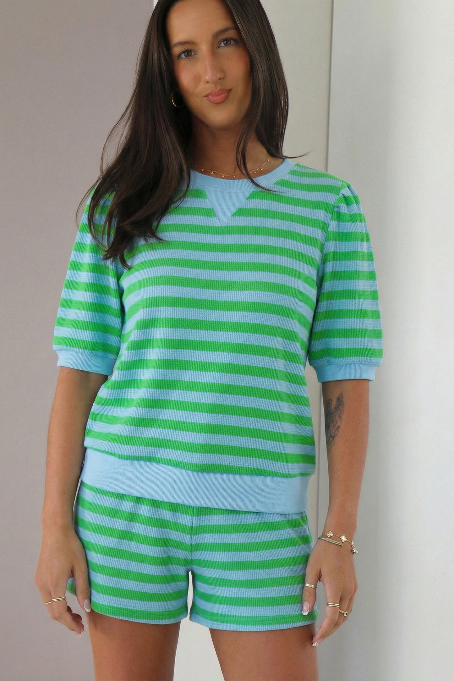 Green Stripe Puff Short Sleeve T Shirt Matching Shorts Set