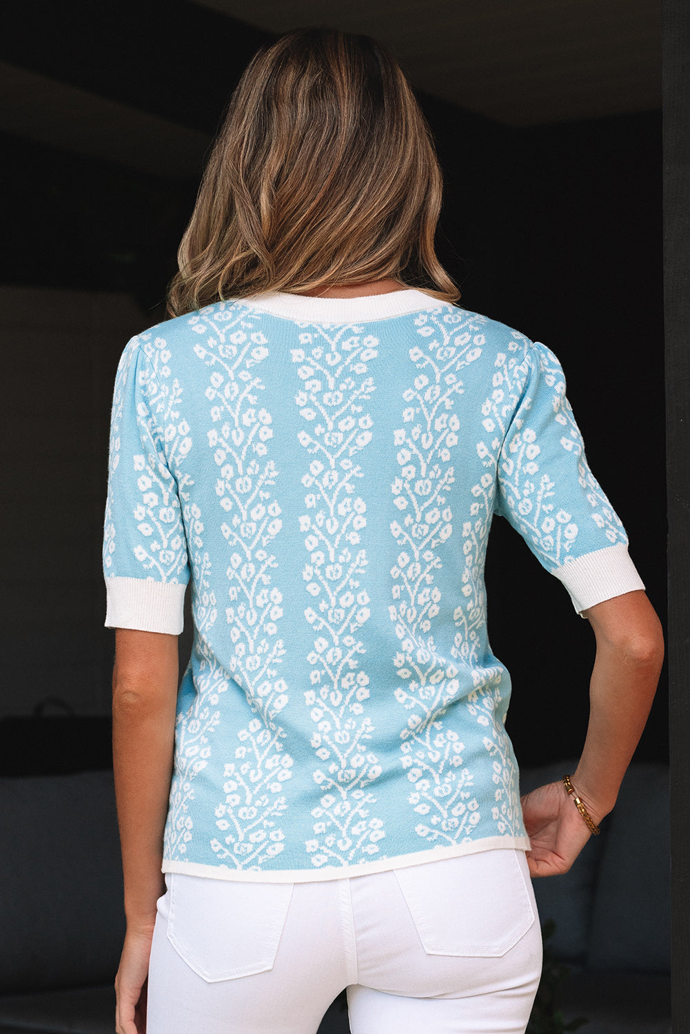 Sky Blue Contrast Floral Crewneck Short Sleeve Sweater