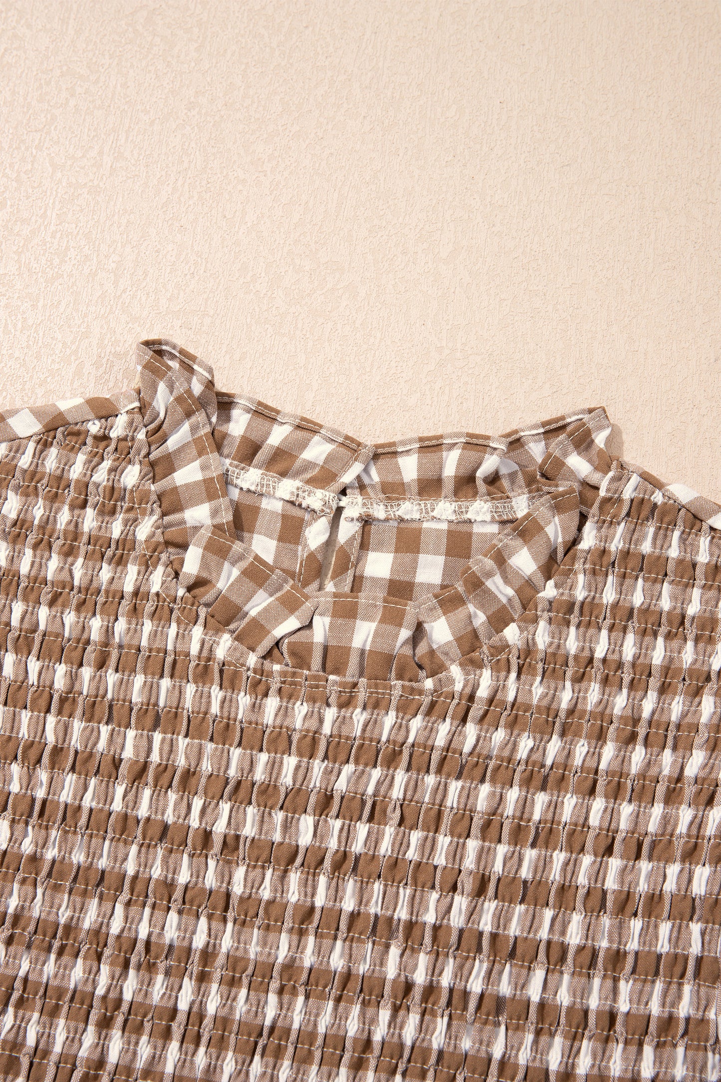 Brown 3/4 Sleeve Shirred Plaid Peplum Top