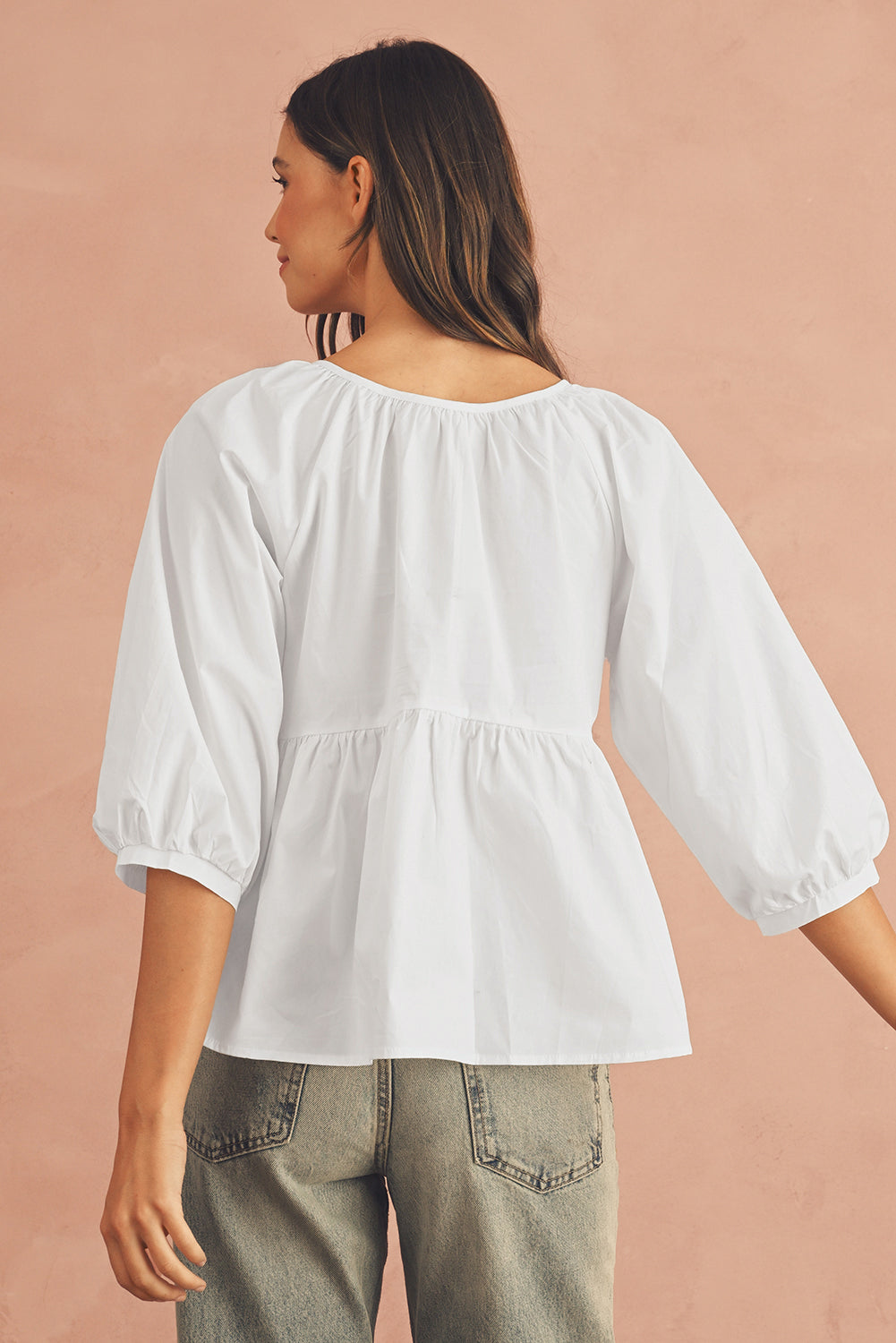 White Bow Knot Cutout Back Loose Fit 3/4 Sleeve Blouse