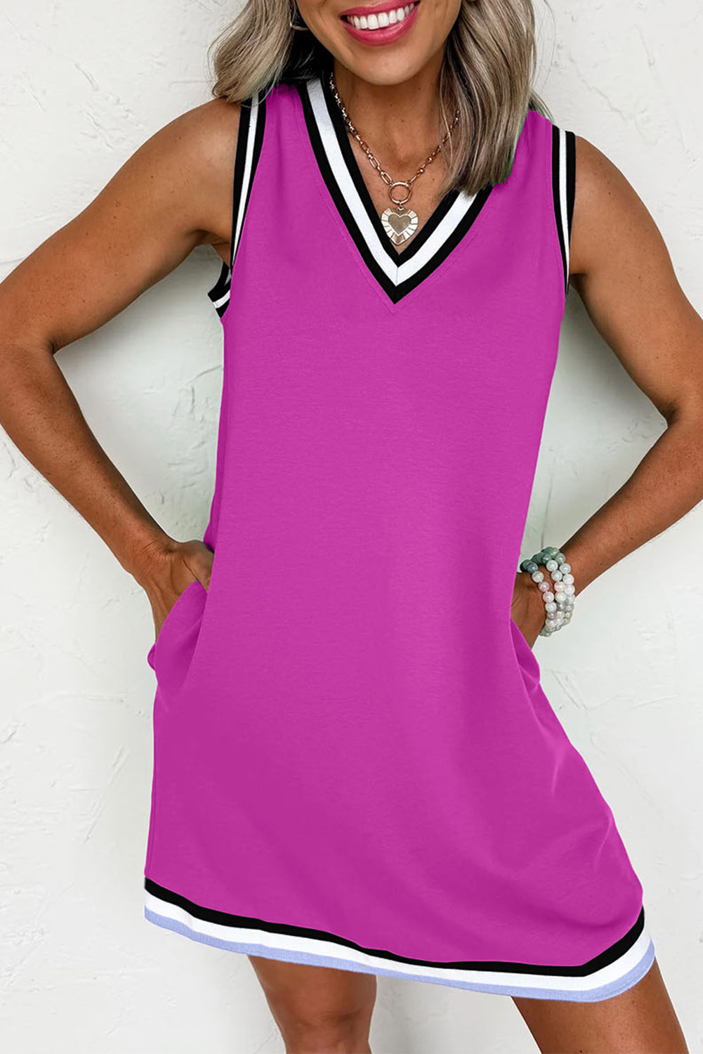 Purple Orchid Contrast Trim V Neck Sleeveless Mini Dress