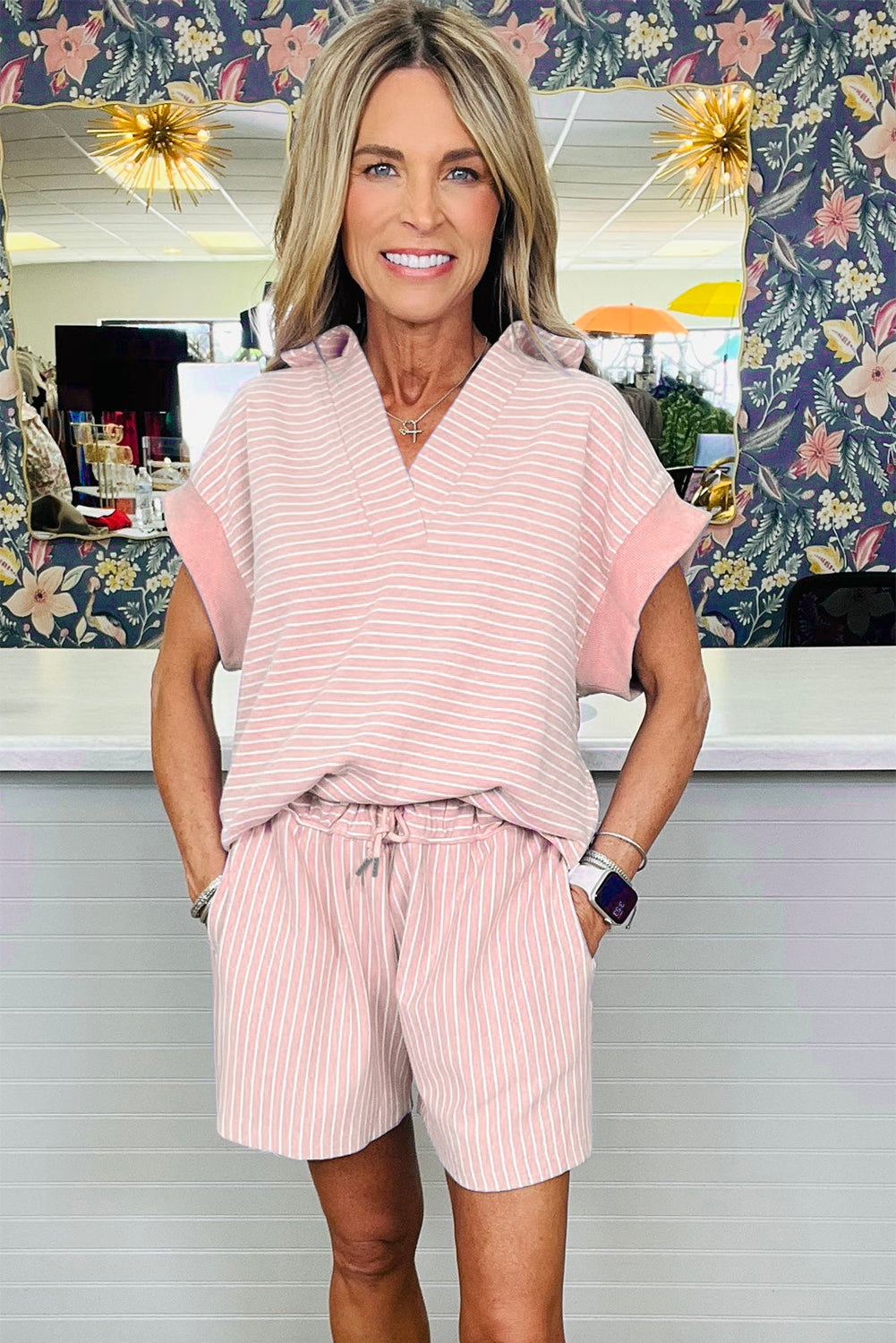 Purple Stripe Dolman Sleeve Polo Shirt and Drawstring Shorts Set