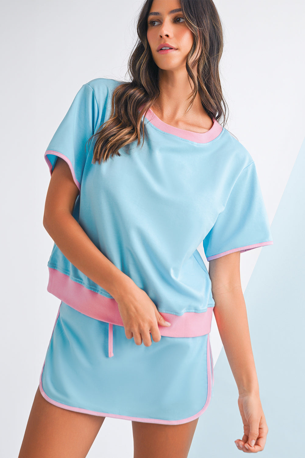 Moonlight Jade Colorblock Edge Drop Shoulder T Shirt and Skort 2Pcs Set