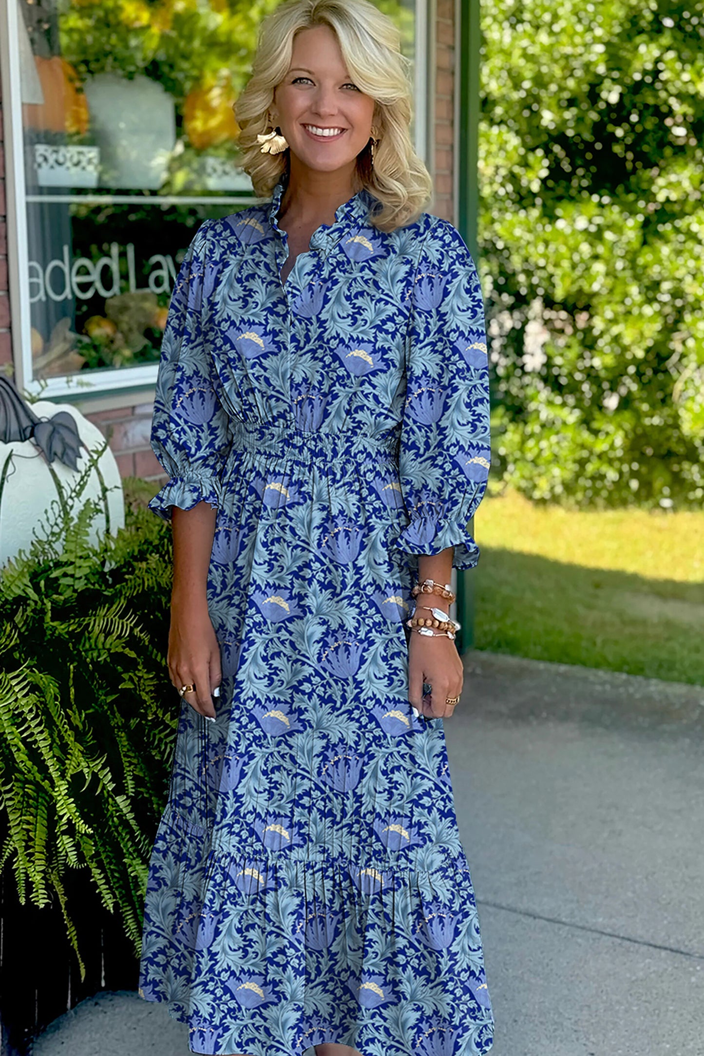 Sky Blue Floral Printed Frilled V Neck Bracelet Sleeve Long Dress