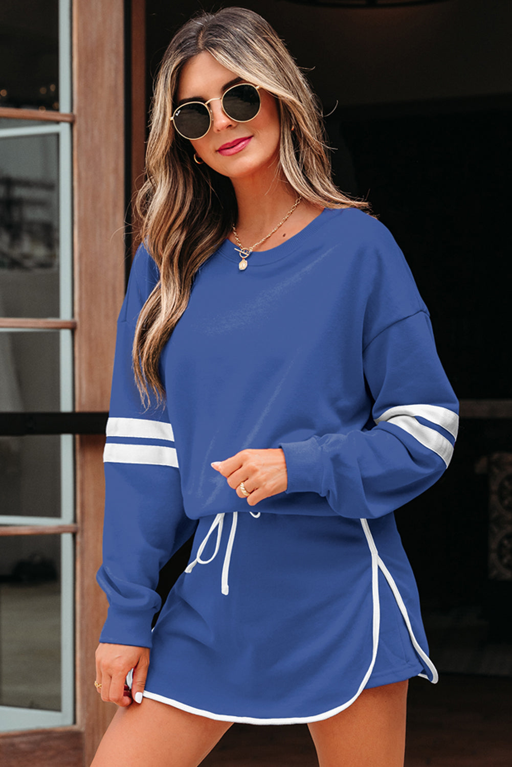 Sky Blue Varsity Stripe Detail Drop Shoulder Pullover Mini Skort Set
