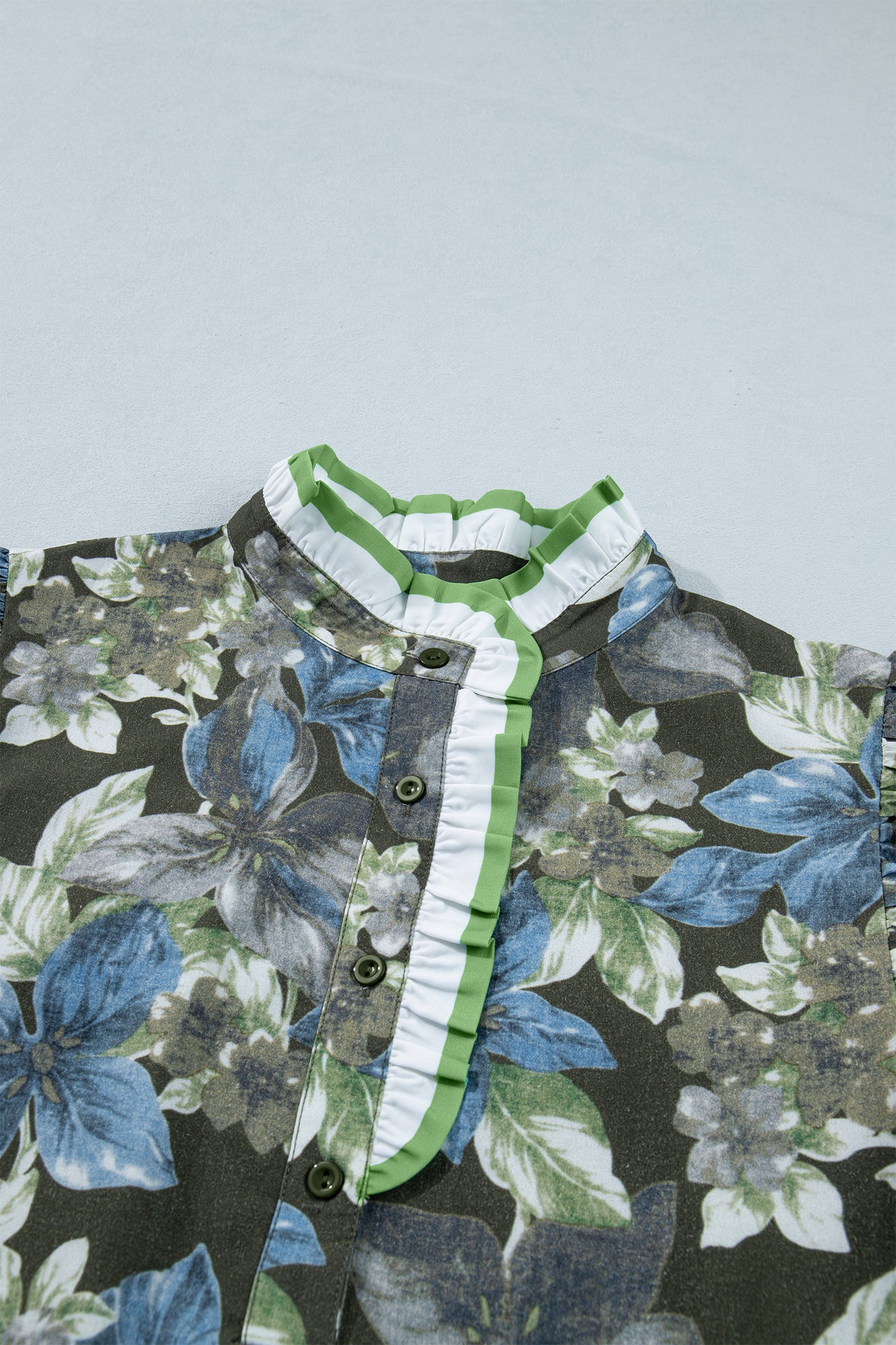 Green Ruffled Short Sleeve Floral Summer Blouse