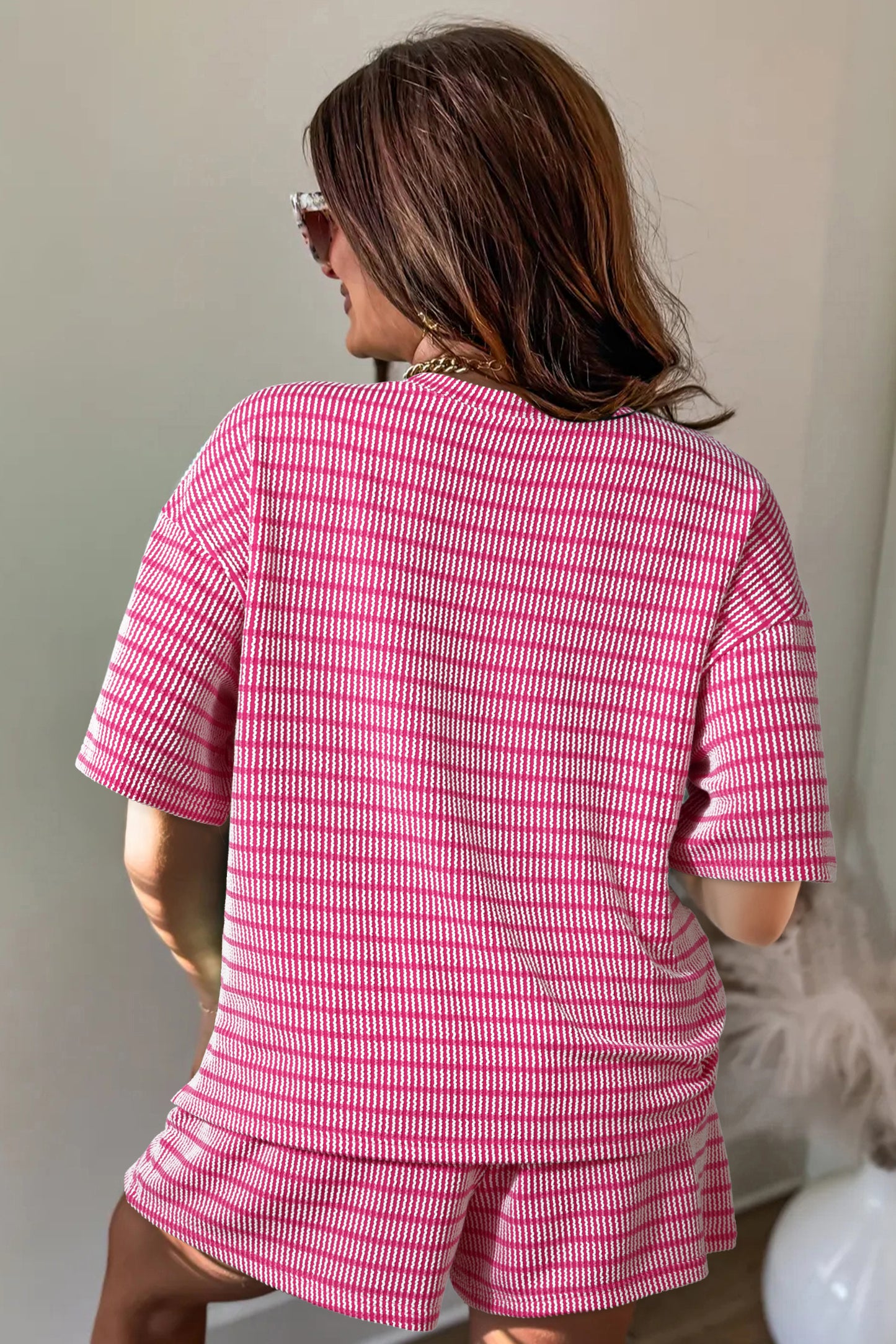 Rose Stripe Raised Rib Loose Tee Drawstring Elastic Waist 2pcs Short Set