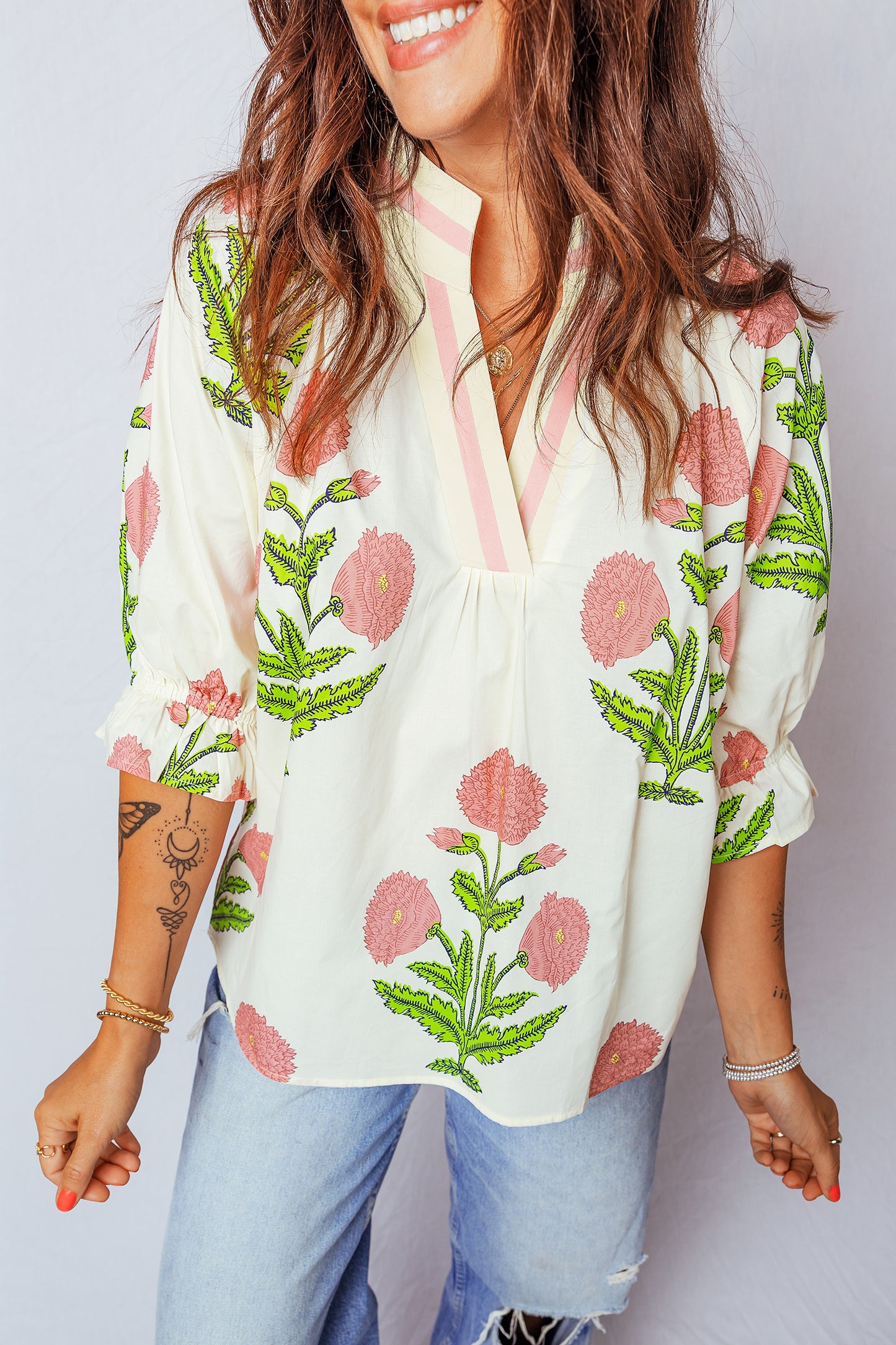 Green Casual Wild Flower Print V Neck 3/4 Sleeve Blouse