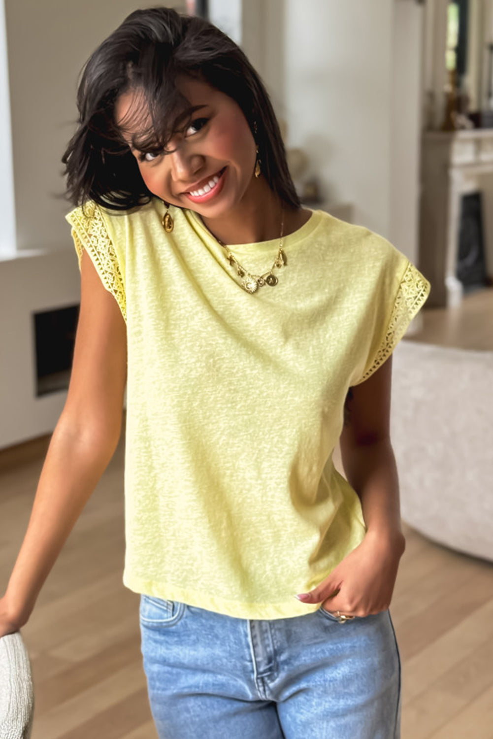 Yellow Cream Lace Patchwork Cap Sleeve Round Neck Top