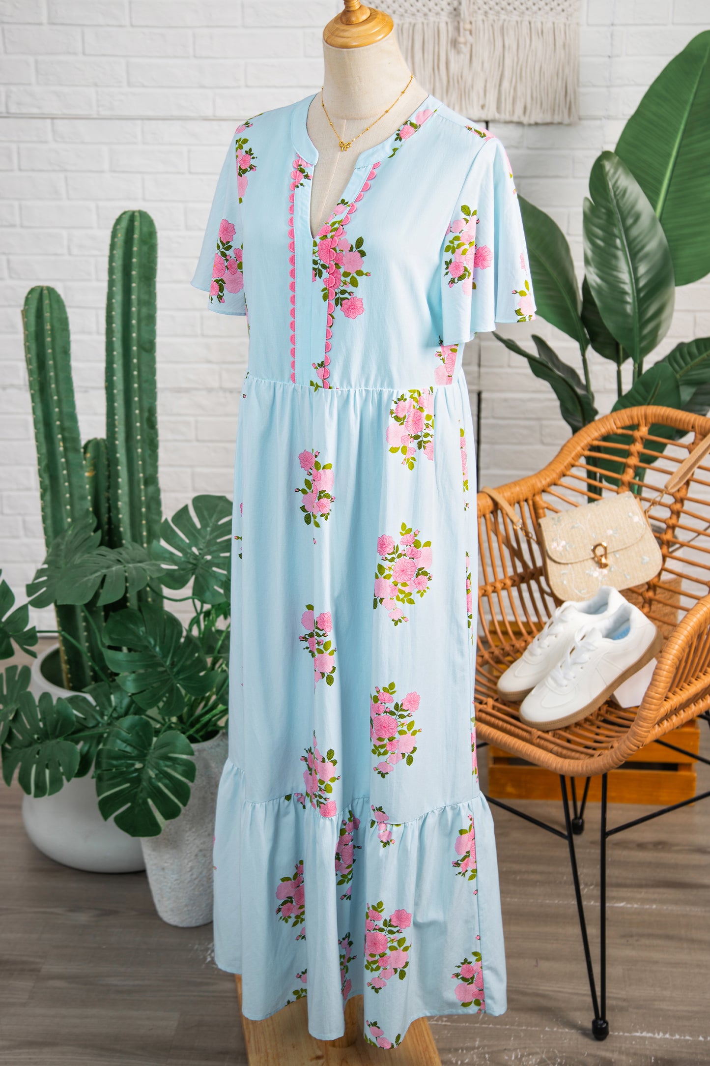 Pink Notched Neck Flutter Short Sleeve Floral Print Maxi Dress