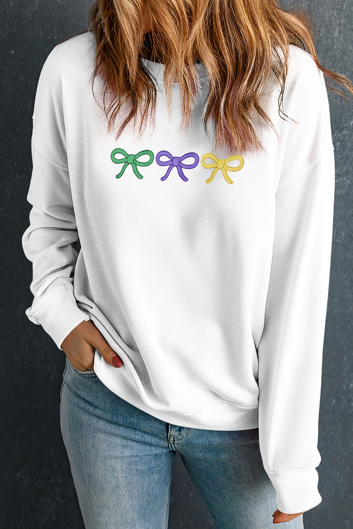 White Mardi Gras Embroidered Bow Pullover Sweatshirt