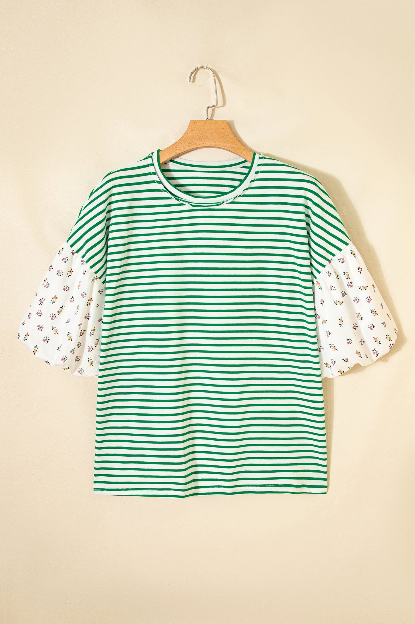 Red Stripe Floral Puff Sleeve Patchwork Round Neck Loose Top