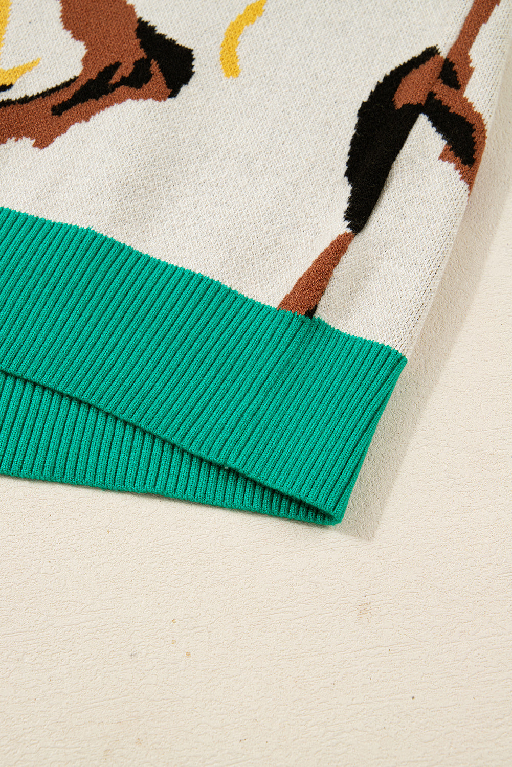 Apricot Contrast Ribbed Stripes Animal Pattern Knit Sweater