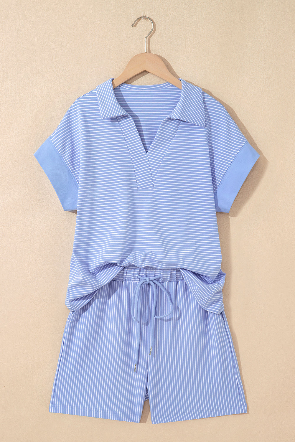Purple Stripe Dolman Sleeve Polo Shirt and Drawstring Shorts Set